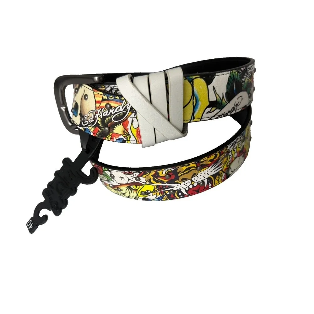 Ed Hardy Men's Skull Tiger Panther Print Belt With Hammered Rivet Studs SZ 40 NW